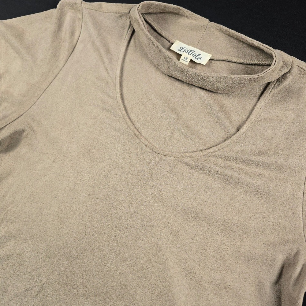 Listicle Women Faux Suede Choker Cutout Neck Top Tan Taupe Short Sleeve L JLT008